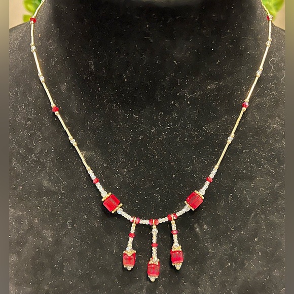 RED AB AND BEADED NECKLACE AND HOOK EARRINGS SET-ONE OF A KIND - Picture 7 of 9